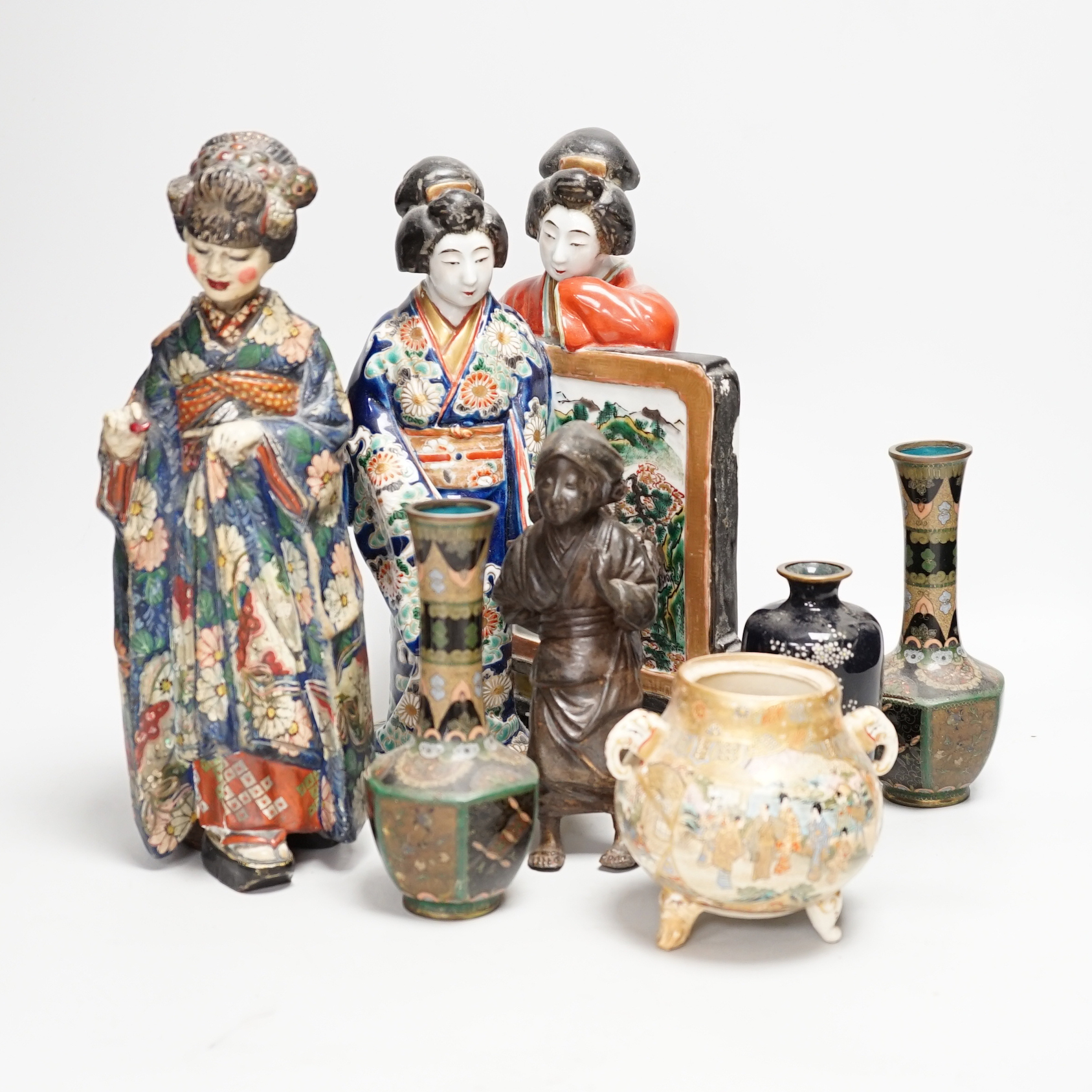 A collection of Japanese figures and three cloisonné enamel vases etc (7) including a Kutani group of two bijin by a table screen, tallest 28cm